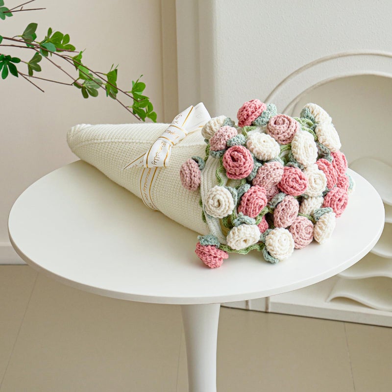 Longhui bedding Crochet Flower Bouquet Throw Blanket Handmade Knitted Blanket with Rose Flowers Cute Romantic Gift for Her Girlfriend Mom Mothers Day Valentine Wedding Anniversary Birthday Pink and White - Image 2