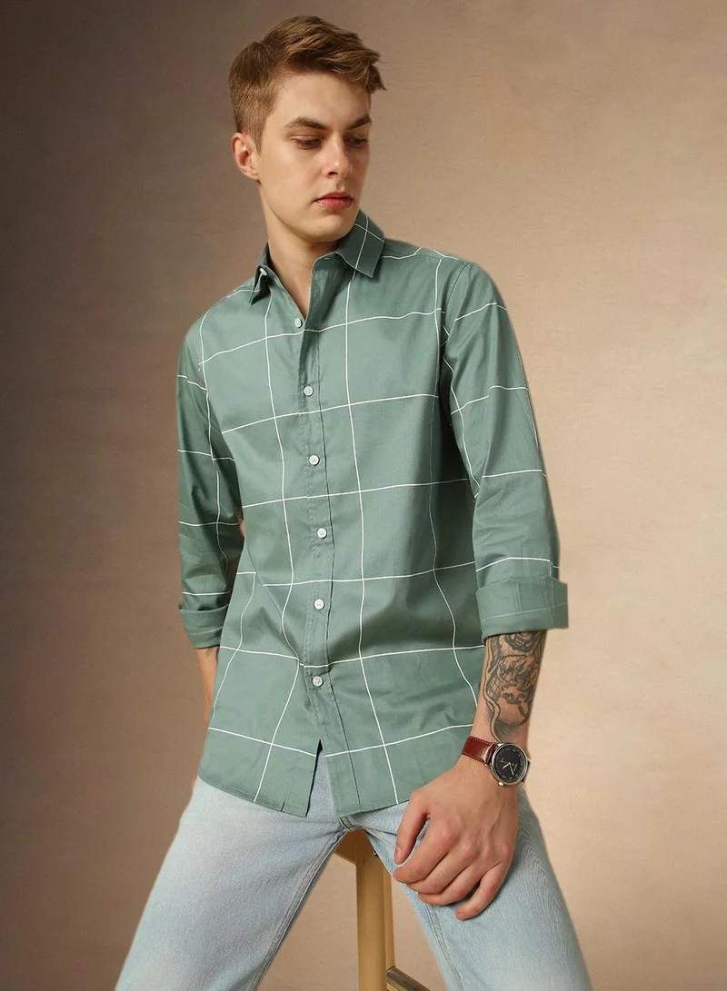 دينيس لينغو قميص رجالي كاروهات أخضر مريمي بياقة وأزرار مقاس عادي من البوليستر %