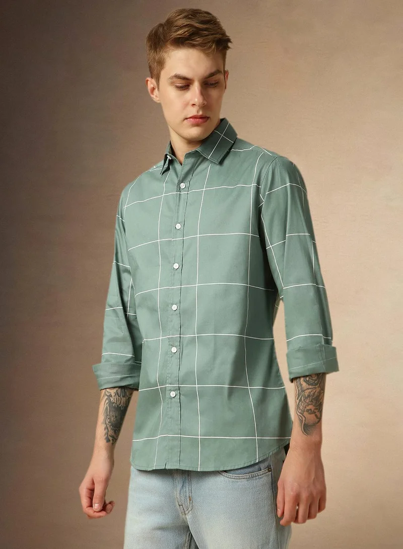 Men's Sage Green 100% Polyester Checkered Button Down Regular Fit Shirt