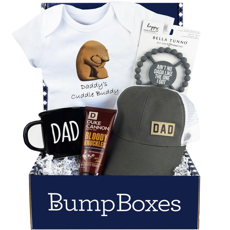 Bump Boxes, New Dad Gift Box with Mug, Hat, Teether, Onesie and Balm, Unique Kit for First time or Expecting Father, Fathers Gifts for Men - Image 1