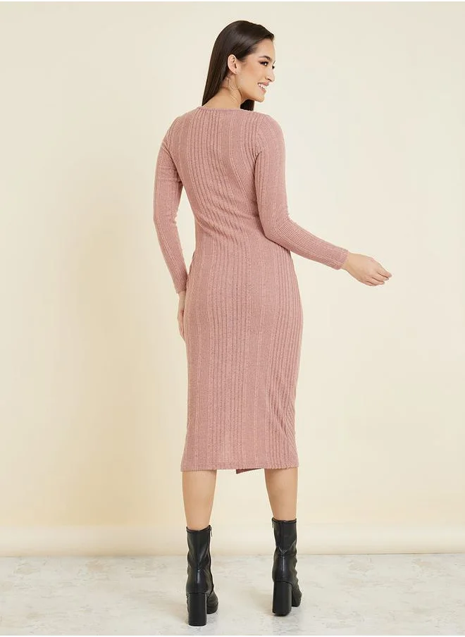 Styli Textured Knit Bodycon Midi Dress with Side Slit