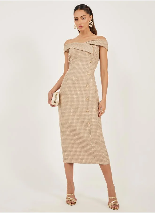 Styli Tweed Sleeveless Off Shoulder Sheath Midi Dress