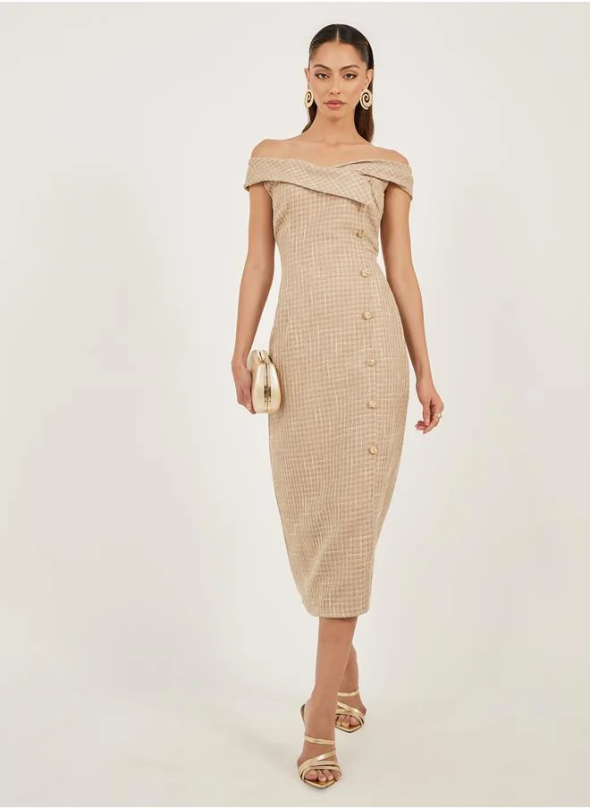 Styli Tweed Sleeveless Off Shoulder Sheath Midi Dress