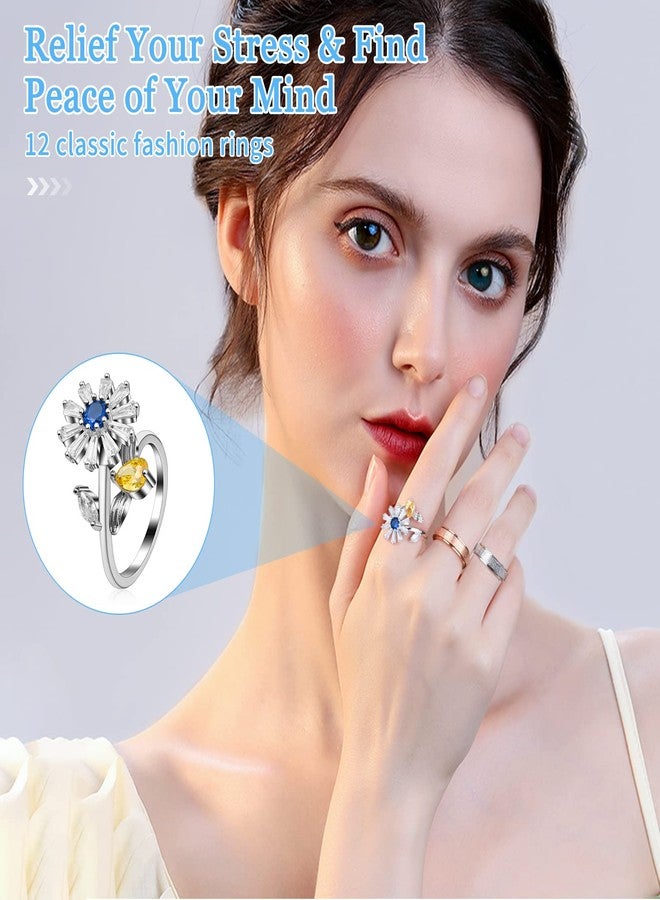 Cruzix 12Pcs Anxiety Fidget Rings for Women, Stainless Steel Spinner Rings Moon and Star Bead Band Ring Adjustable Open Ring Sunflower Fidget Rings for Men Teens Anti Stress Gift, Size 7-10 - Image 2