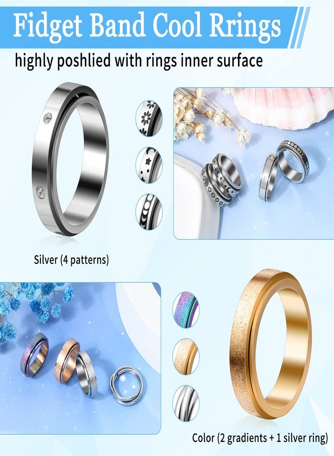 Cruzix 12Pcs Anxiety Fidget Rings for Women, Stainless Steel Spinner Rings Moon and Star Bead Band Ring Adjustable Open Ring Sunflower Fidget Rings for Men Teens Anti Stress Gift, Size 7-10 - Image 4