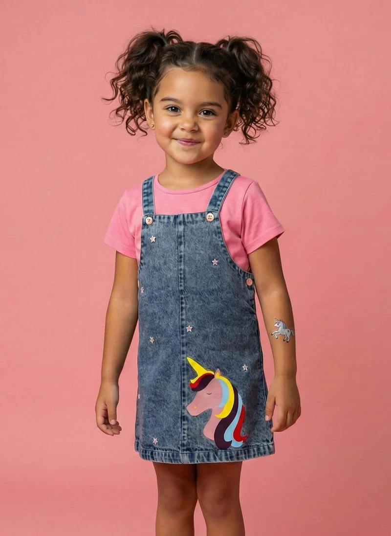 نوتيناتي Nautinati Girls Unicorn Printed Regular Fit Pinafore Co-ord Set