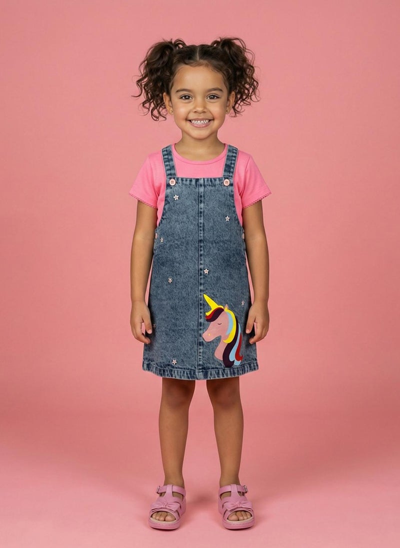 Nautinati Girls Unicorn Printed Regular Fit Pinafore Co-ord Set - Image 3