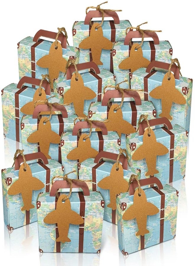 CHolic 100Pcs Party Favor Candy Box, World Map Mini Suitcase Favor Box, Vintage Kraft Paper with Tags and Burlap Twine for Travel Themed Party, Bridal Shower, Wedding Decorations - Image 1