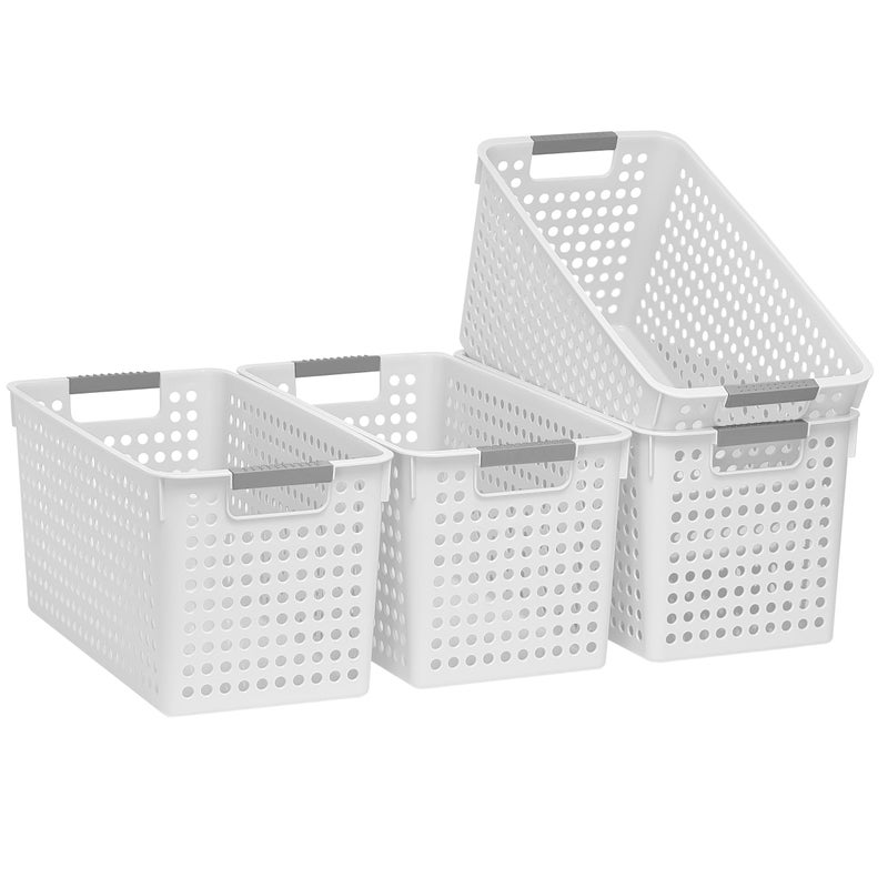 Soddeph Slim Plastic Storage Basket with Handles, Narrow Organizer box for Shelves, Organizer box for Organizing, Kitchen,Home,Office (White, Large) - Image 1