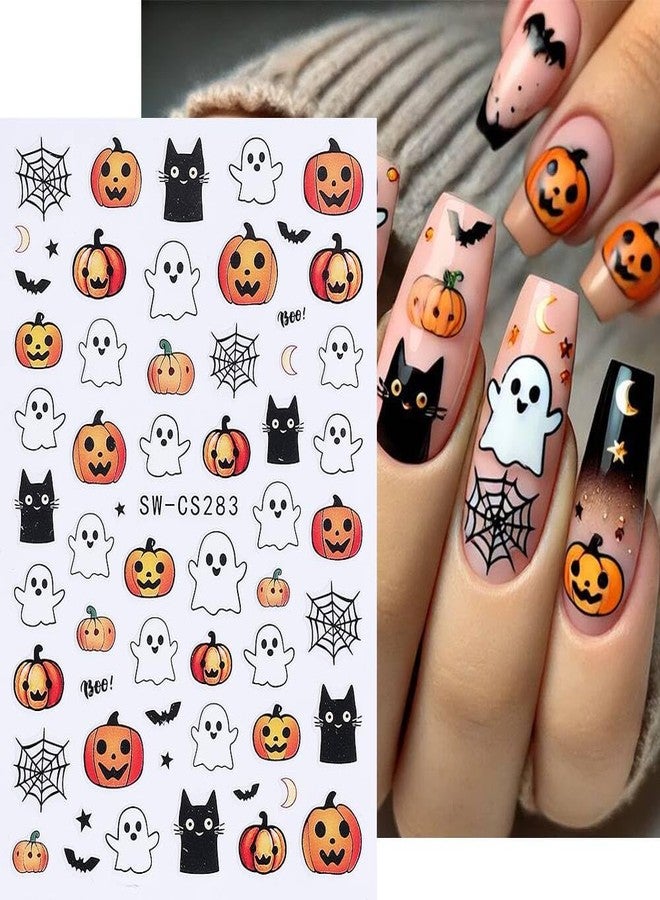 NSSHEL 5 Sheets Halloween Nail Art Stickers Decals 3D Self-Adhesive Spooky Nail Decals Art Cartoon Cute Ghost Pumpkin Bat Flower Design Halloween Spider Web Skull Nail Art Supplies for Women Nails Decor - Image 4