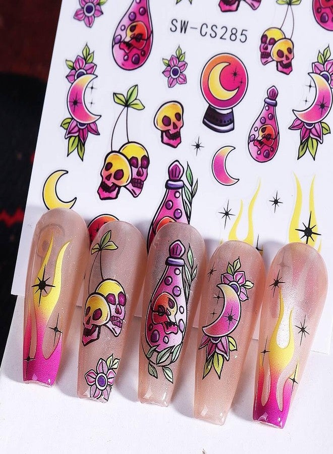 NSSHEL 5 Sheets Halloween Nail Art Stickers Decals 3D Self-Adhesive Spooky Nail Decals Art Cartoon Cute Ghost Pumpkin Bat Flower Design Halloween Spider Web Skull Nail Art Supplies for Women Nails Decor - Image 3