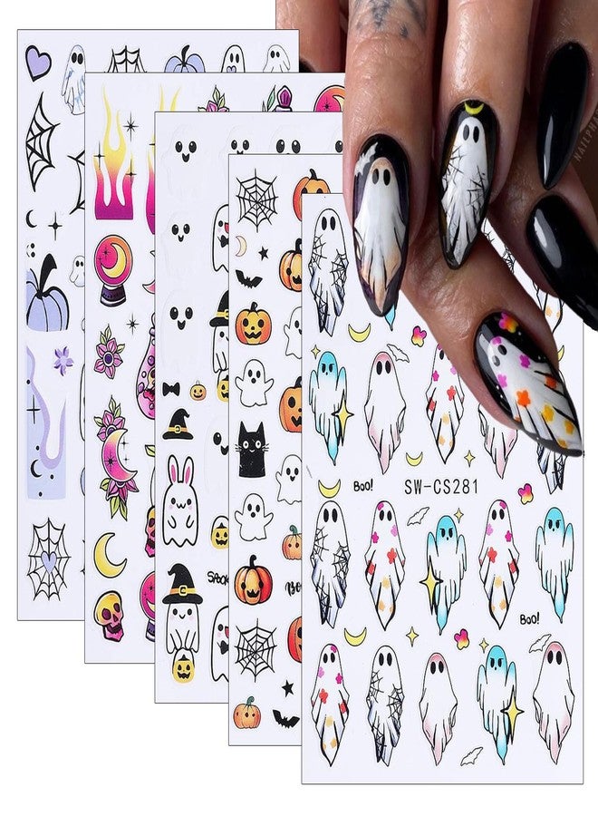 NSSHEL 5 Sheets Halloween Nail Art Stickers Decals 3D Self-Adhesive Spooky Nail Decals Art Cartoon Cute Ghost Pumpkin Bat Flower Design Halloween Spider Web Skull Nail Art Supplies for Women Nails Decor - Image 1