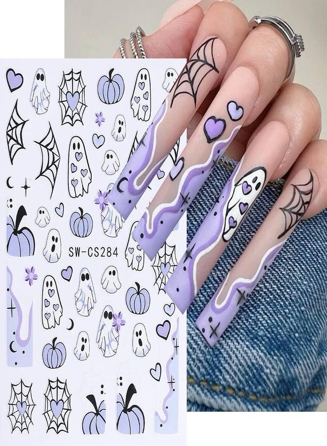 NSSHEL 5 Sheets Halloween Nail Art Stickers Decals 3D Self-Adhesive Spooky Nail Decals Art Cartoon Cute Ghost Pumpkin Bat Flower Design Halloween Spider Web Skull Nail Art Supplies for Women Nails Decor - Image 2