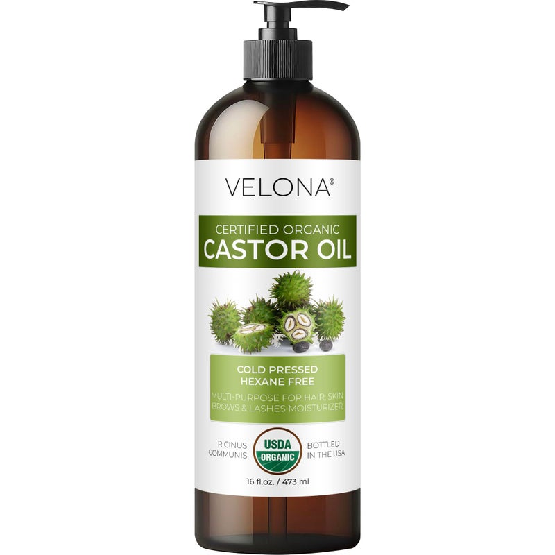 velona USDA Certified Organic Castor Oil - 16 fl oz (With Pump) | For Hair Growth, Boost Eyelashes, Eyebrows | Cold pressed, Natural Oil, USP Grade | Hexane Free, Lash Serum, Caster - Image 1