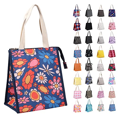 iknoe Insulated Lunch Bag for Women Adults 9L Foldable WideOpen Cooler Bag with Pockets Leakproof Portable for Picnic Office BeachBlue flower - Image 1