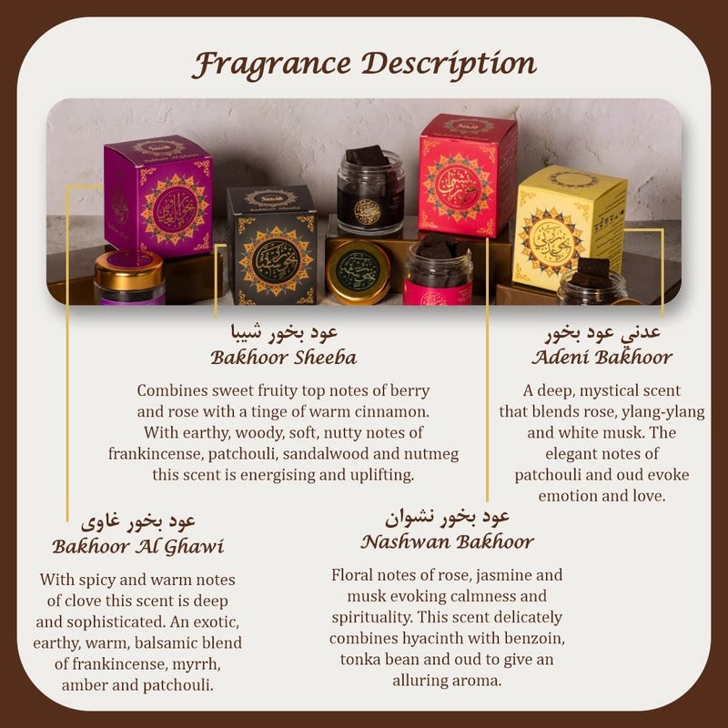 DUKHNI Yemeni Oud Bakhoor Collection by Dukhni Bakhoor Sheeba Nashwan Bakhoor Adeni Bakhoor Bakhoor Al Ghawi Arabic Incense 40 Grams x 4 Jars Perfect for Prayer Ramadan Gifts - Image 5
