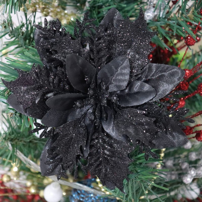 Vitalili 12 Pcs Poinsettia Artificial Christmas Flowers Decorations with Clips and Stems Glitter Christmas Poinsettia Decorations for Xmas Tree Ornaments Winter Party Wreath Decoration (Black) - Image 1