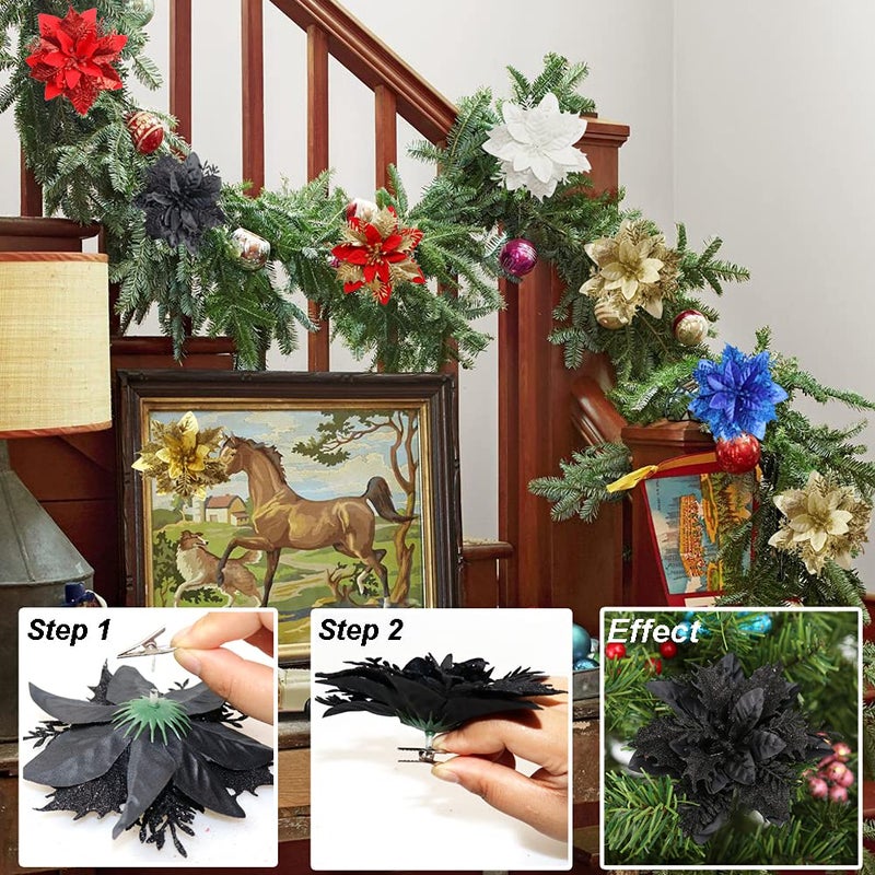 Vitalili 12 Pcs Poinsettia Artificial Christmas Flowers Decorations with Clips and Stems Glitter Christmas Poinsettia Decorations for Xmas Tree Ornaments Winter Party Wreath Decoration (Black) - Image 3