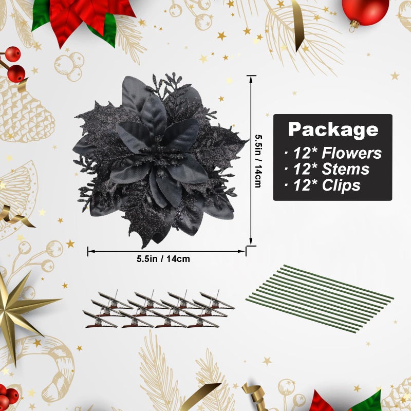 Vitalili 12 Pcs Poinsettia Artificial Christmas Flowers Decorations with Clips and Stems Glitter Christmas Poinsettia Decorations for Xmas Tree Ornaments Winter Party Wreath Decoration (Black) - Image 2