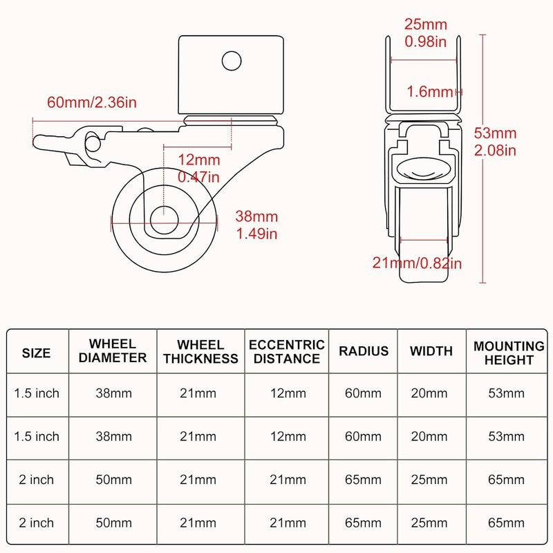 CPROSP 4 Castors for Furniture, U-Type Holder, Furniture Castors, Diameter 38 mm, U Shape Holder Furniture Castors, Swivel Castors with Brake, Rubber Wheels for Furniture, Plate Opening 25 mm - Image 2