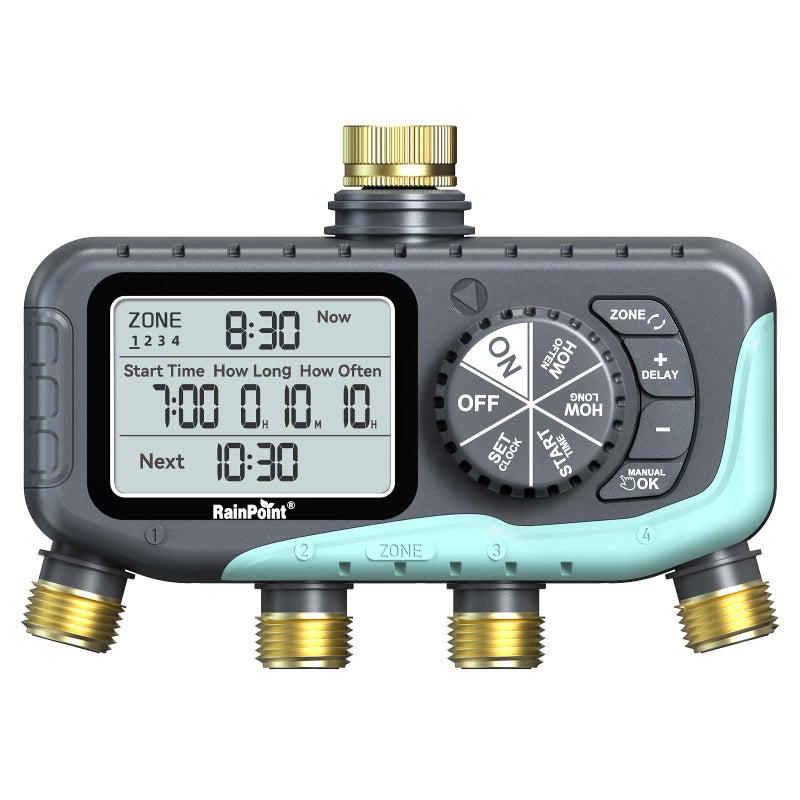 RAINPOINT Sprinkler Timer 4 Zone, Water Timer for Programmable, for Soaker Hose with Rain Delay/Manual/Automatic Watering System, Digital Irrigation for Yard, Lawn - Image 1