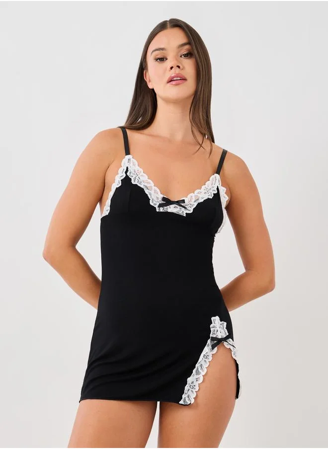 Styli Styli Contrast Lace Edge Detail Slip with Thigh High Slit