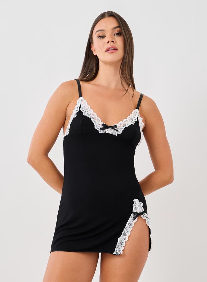 Styli Styli Contrast Lace Edge Detail Slip with Thigh High Slit  - Image 2