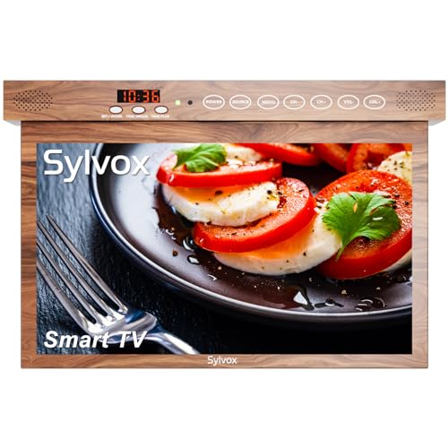 SYLVOX 15.6" Under Cabinet Smart TV – 360° Rotation, 90° Flip-Down Screen, Wireless Connectivity, Space-Saving Design for Kitchen, Bedroom, or RV. (Wood Grain Color) - Image 1