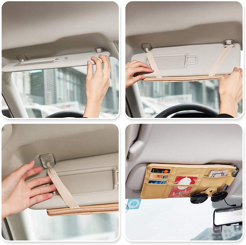 HSR Car Sun Visor Organizer, Sunglass Pen Card Small Document Storage Pouch Holder, PU Leather, Multi-Pocket with Zipper Net (Grey) - Image 2
