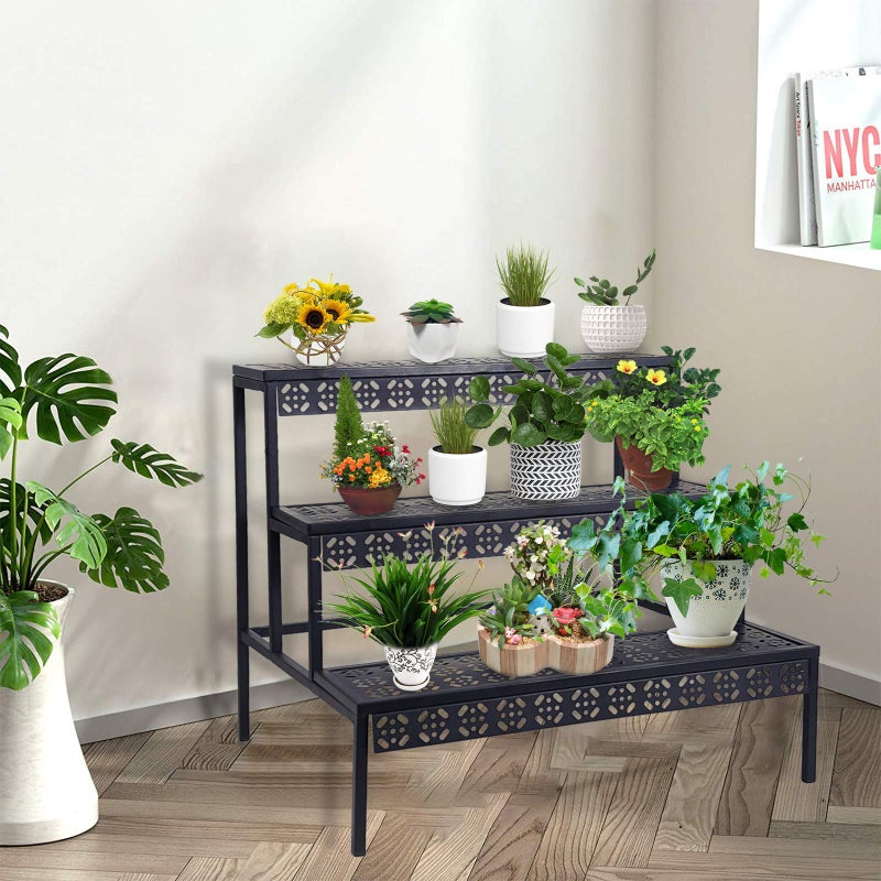 Garden 4 you حامل نباتات معدني بثلاثة مستويات، أصيص زهور على شكل سلم مستطيل للاستخدام الخارجي والداخلي، رف عرض نباتات، منظم تخزين ثقيل للاستخدام المنزلي في الحديقة أو الفناء أو الشرفة، تصميم على شكل درج - Image 2