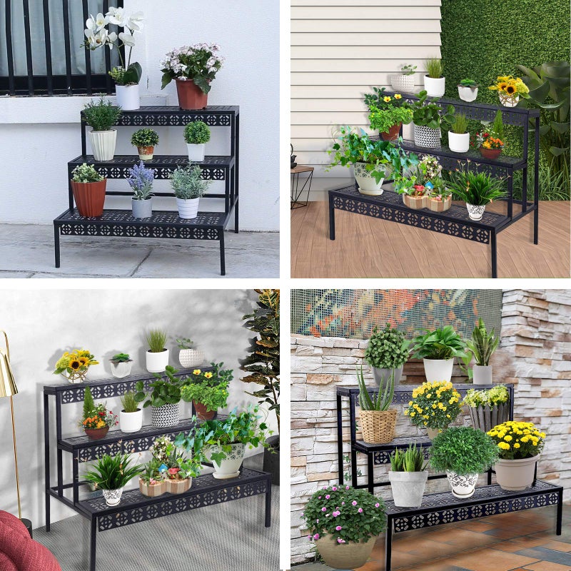 Garden 4 you حامل نباتات معدني بثلاثة مستويات، أصيص زهور على شكل سلم مستطيل للاستخدام الخارجي والداخلي، رف عرض نباتات، منظم تخزين ثقيل للاستخدام المنزلي في الحديقة أو الفناء أو الشرفة، تصميم على شكل درج - Image 3