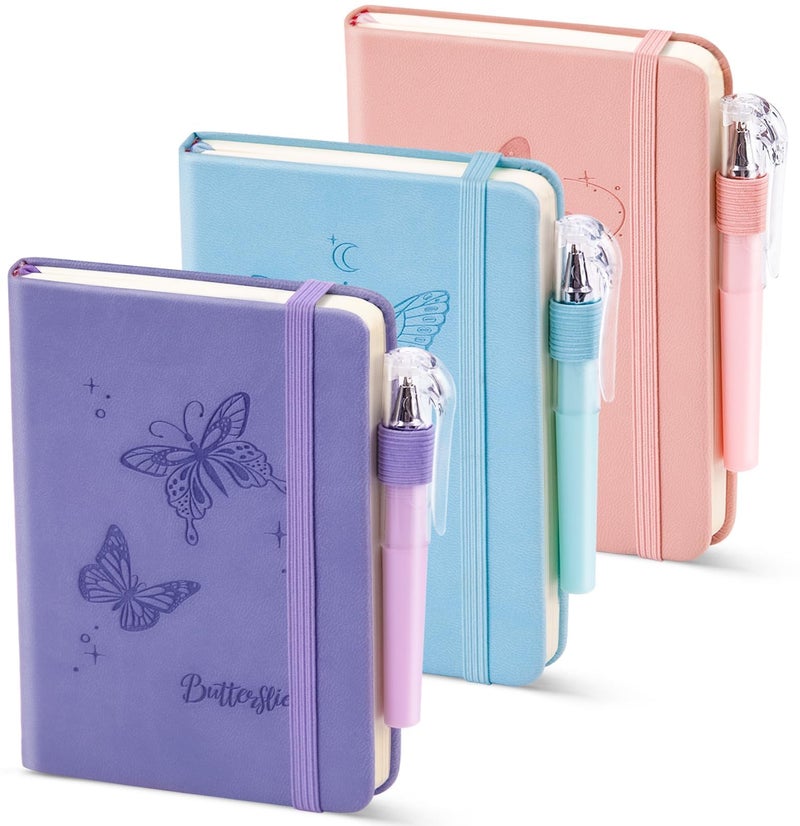 Oucaru Small Notebook College Ruled, 3 Pack (3 color) 3.7x5.7 in Pocket Notebook A6 Butterfly Journaling Notebooks Mini Hardcover Lined Note Pads with Pens for Work Business Travel and Office Supplies - Image 1