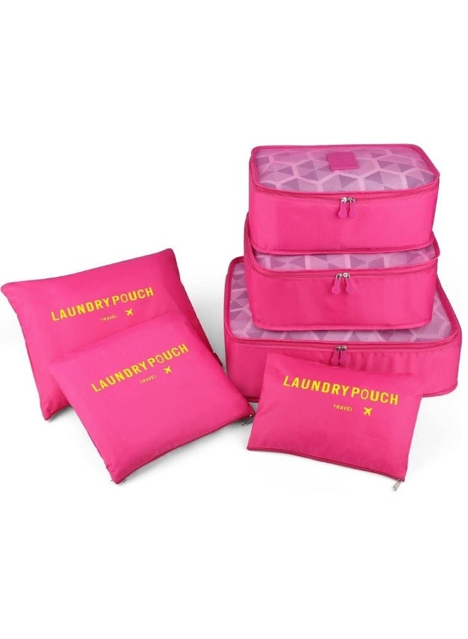 6-Piece Travel Luggage Storage Bag Set - 3 Travel Storage Bags + 3 Small Clothing Organizers (Fuchsia) - Image 1