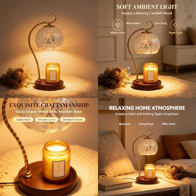 Aroma Gold Mosaic Table Lamp with Candle Holder — Cracked Glass Design, Warm Light Ambiance, Perfect for Home Decor, Bedroom, Living Room, Relaxation, and Gifting - Image 1