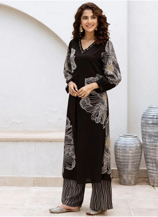 آي شين Black Women Black Rayon Kurta Set with Embroidered pattern Tunic and Palazzo features a Round neckline and Three-Fourth Sleeve secured with Elastic closure and styled in Straight Fit ideal for Festive moments — exude elegance in every glance.