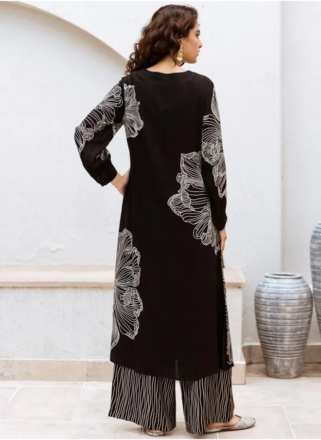 آي شين Black Women Black Rayon Kurta Set with Embroidered pattern Tunic and Palazzo features a Round neckline and Three-Fourth Sleeve secured with Elastic closure and styled in Straight Fit ideal for Festive moments — exude elegance in every glance.