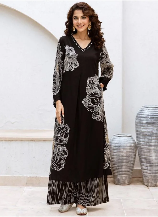 آي شين Black Women Black Rayon Kurta Set with Embroidered pattern Tunic and Palazzo features a Round neckline and Three-Fourth Sleeve secured with Elastic closure and styled in Straight Fit ideal for Festive moments — exude elegance in every glance.