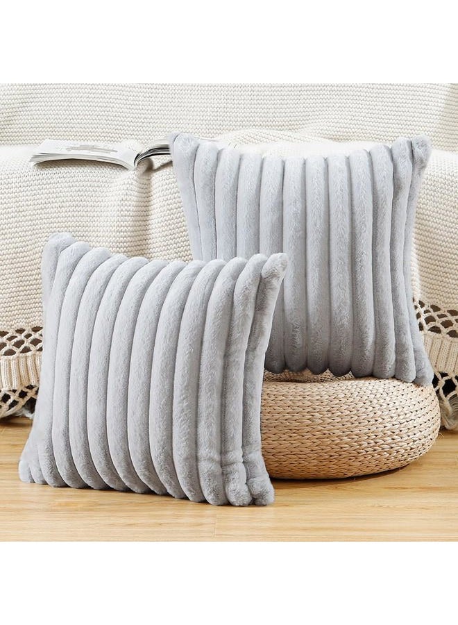 MADIZZ Set of 2 Faux Fur Plush Decorative Throw Pillow Covers 18x18 Inch Light Grey Fluffy Striped Soft Decorative Cushion Cover for Sofa Bedroom Pillow Shell - Image 1