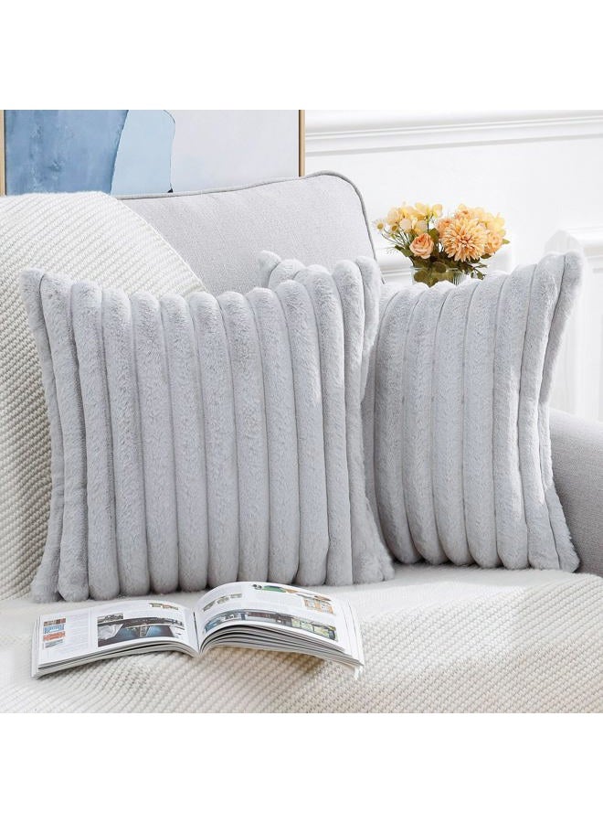 MADIZZ Set of 2 Faux Fur Plush Decorative Throw Pillow Covers 18x18 Inch Light Grey Fluffy Striped Soft Decorative Cushion Cover for Sofa Bedroom Pillow Shell - Image 2