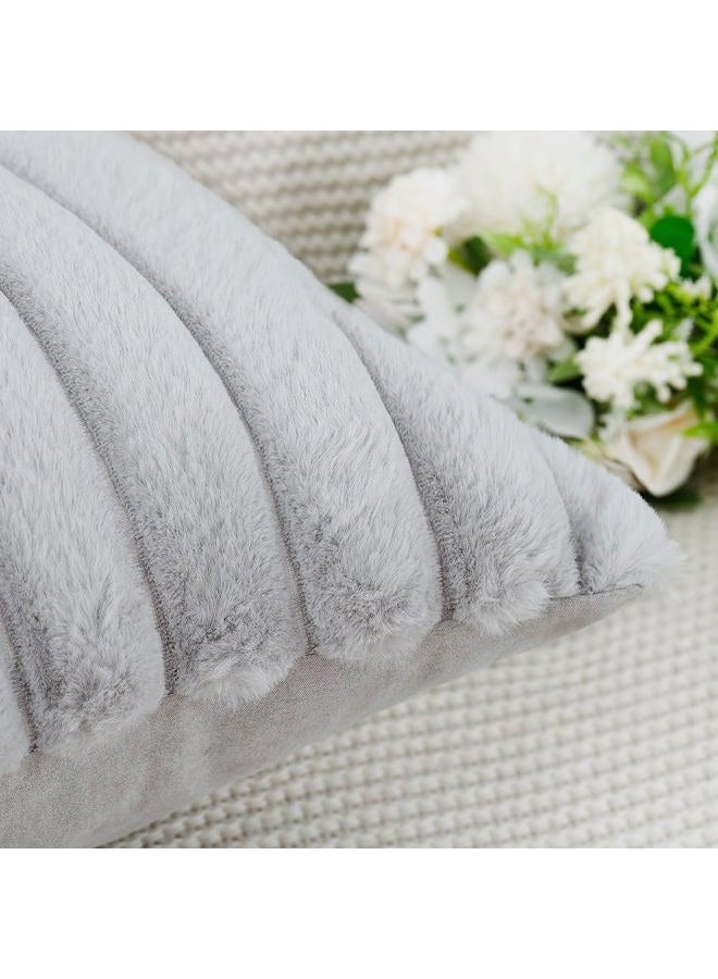 MADIZZ Set of 2 Faux Fur Plush Decorative Throw Pillow Covers 18x18 Inch Light Grey Fluffy Striped Soft Decorative Cushion Cover for Sofa Bedroom Pillow Shell - Image 5