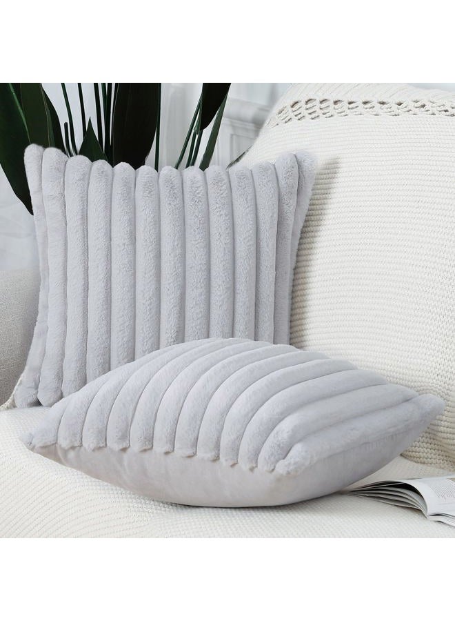 MADIZZ Set of 2 Faux Fur Plush Decorative Throw Pillow Covers 18x18 Inch Light Grey Fluffy Striped Soft Decorative Cushion Cover for Sofa Bedroom Pillow Shell - Image 3
