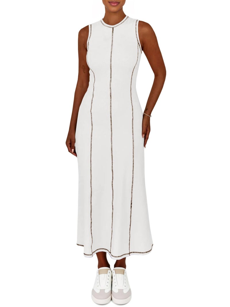 Wenrine Womens Tank Maxi Dress Sleeveless Crew Neck Knit Ribbed Summer Contrast Stitch Dresses White - Image 2