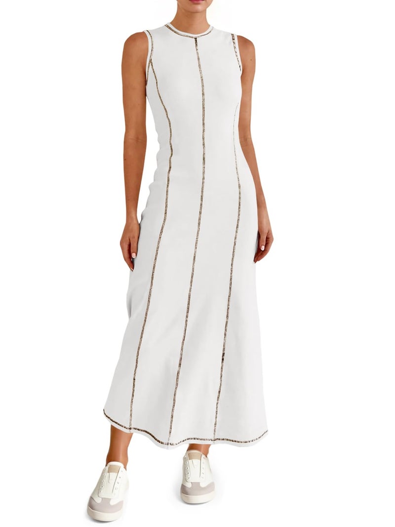 Wenrine Womens Tank Maxi Dress Sleeveless Crew Neck Knit Ribbed Summer Contrast Stitch Dresses White - Image 1