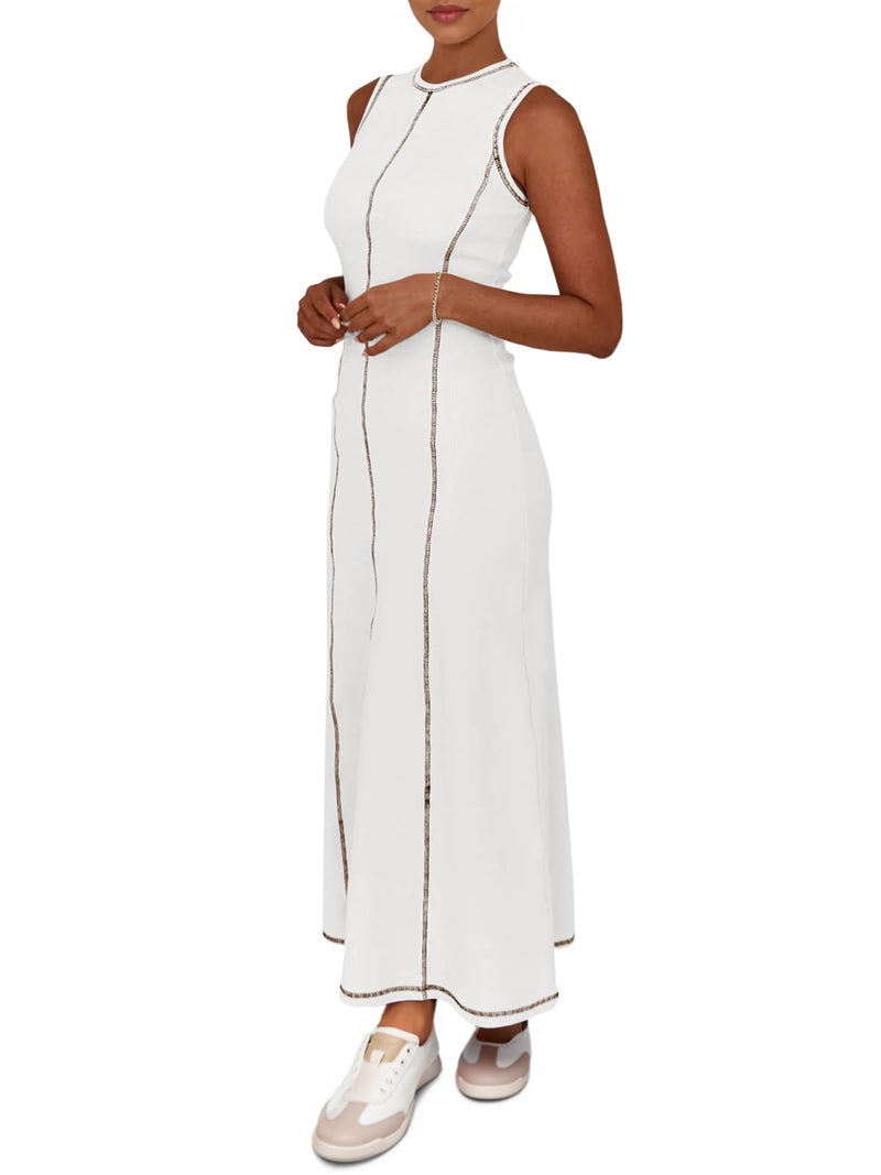 Wenrine Womens Tank Maxi Dress Sleeveless Crew Neck Knit Ribbed Summer Contrast Stitch Dresses White - Image 4