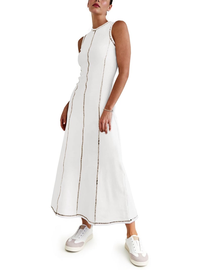 Wenrine Womens Tank Maxi Dress Sleeveless Crew Neck Knit Ribbed Summer Contrast Stitch Dresses White - Image 3