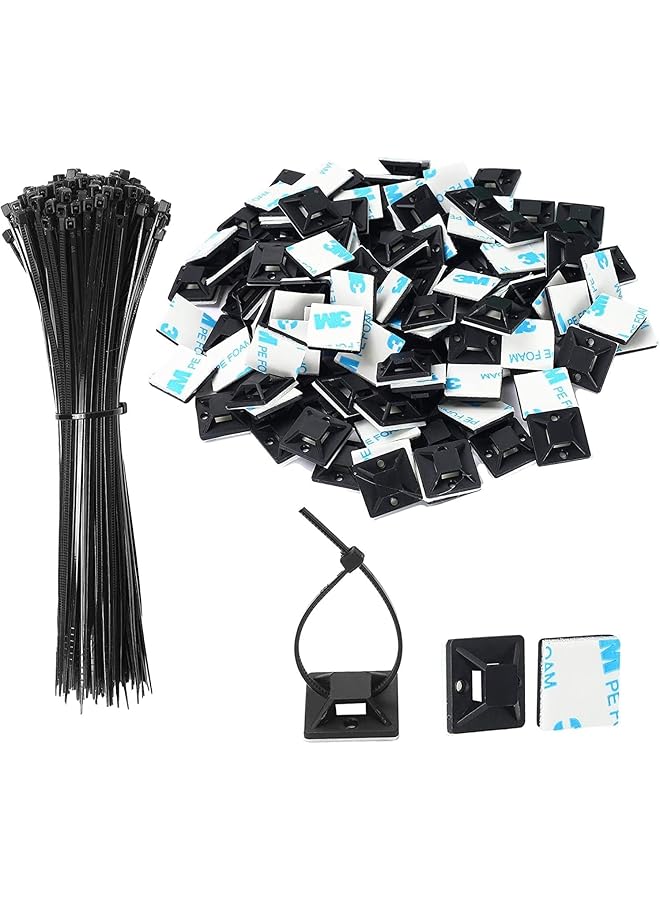Green Tiger Black Cable Tie Zip Self Adhesive Mounts Set, Cable Base Holders with Multi-Purpose Sticky Pads 100 sets - Image 1