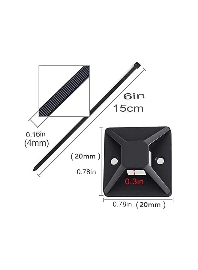 Green Tiger Black Cable Tie Zip Self Adhesive Mounts Set, Cable Base Holders with Multi-Purpose Sticky Pads 100 sets - Image 2