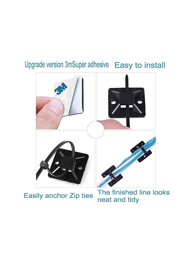 Green Tiger Black Cable Tie Zip Self Adhesive Mounts Set, Cable Base Holders with Multi-Purpose Sticky Pads 100 sets - Image 3