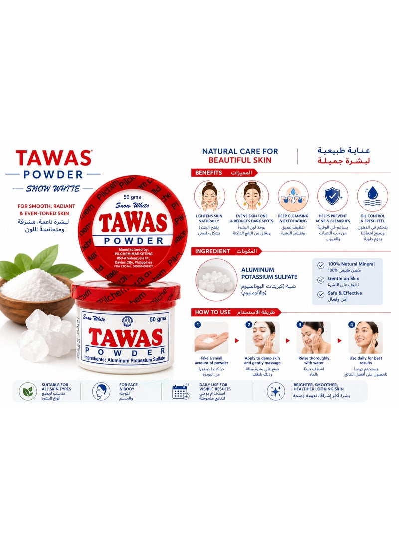 Tawas Powder Snow White Natural Mineral Alum for Face & Body Care, 50g - Image 2