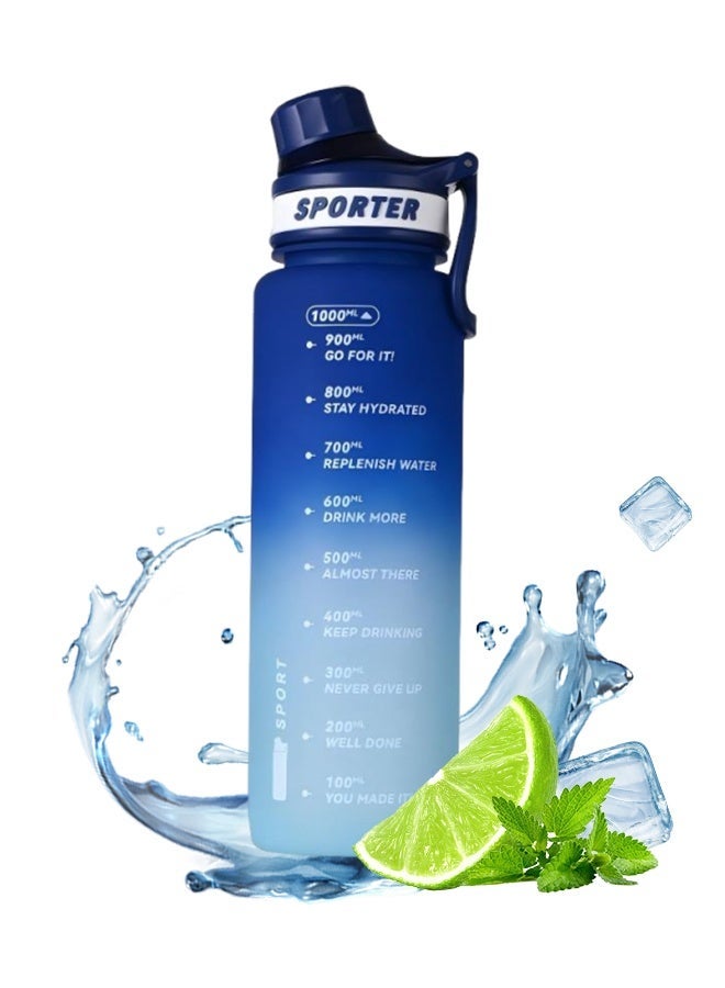 سبورتر زجاجة ماء رياضية بمؤشر للوقت خالية من مادة BPA ومضادة للتسرب، قابلة للحمل وإعادة الاستخدام، إبريق شرب للياقة البدنية والرياضة بسعة 1 لتر للرجال والنساء والأطفال والطلاب للتخييم والمكتب والمدرسة وصالة الألعاب الرياضية والتمارين الرياضية 1000 مل - Image 1